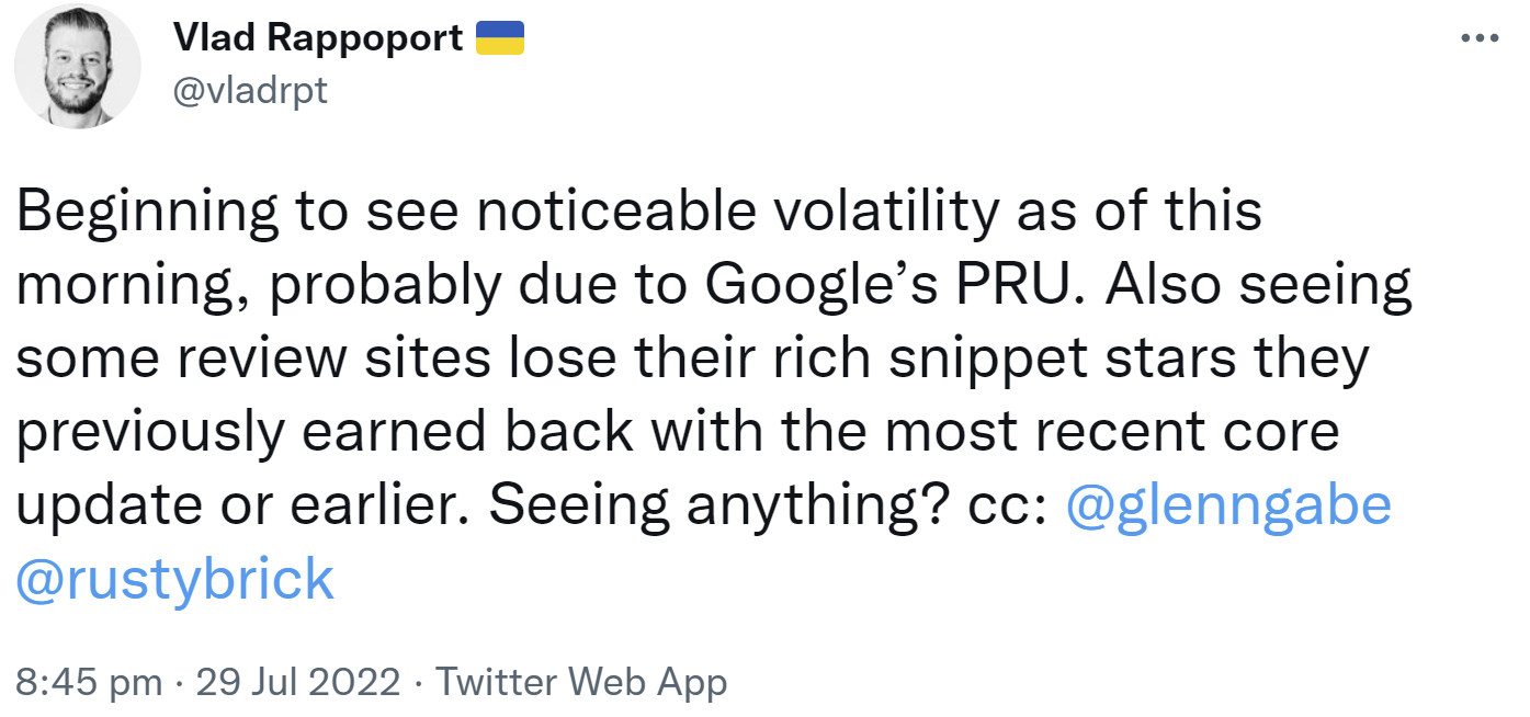 Goole Product Reviews Update vom Juli 2022: erste Auswirkungen - Vlad Rappoport auf Twitter