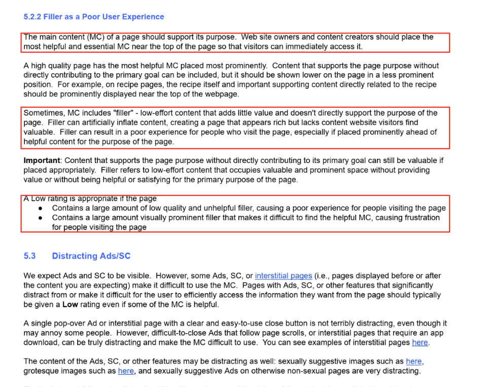 Google Filler Content: Quality Rater Guidelines