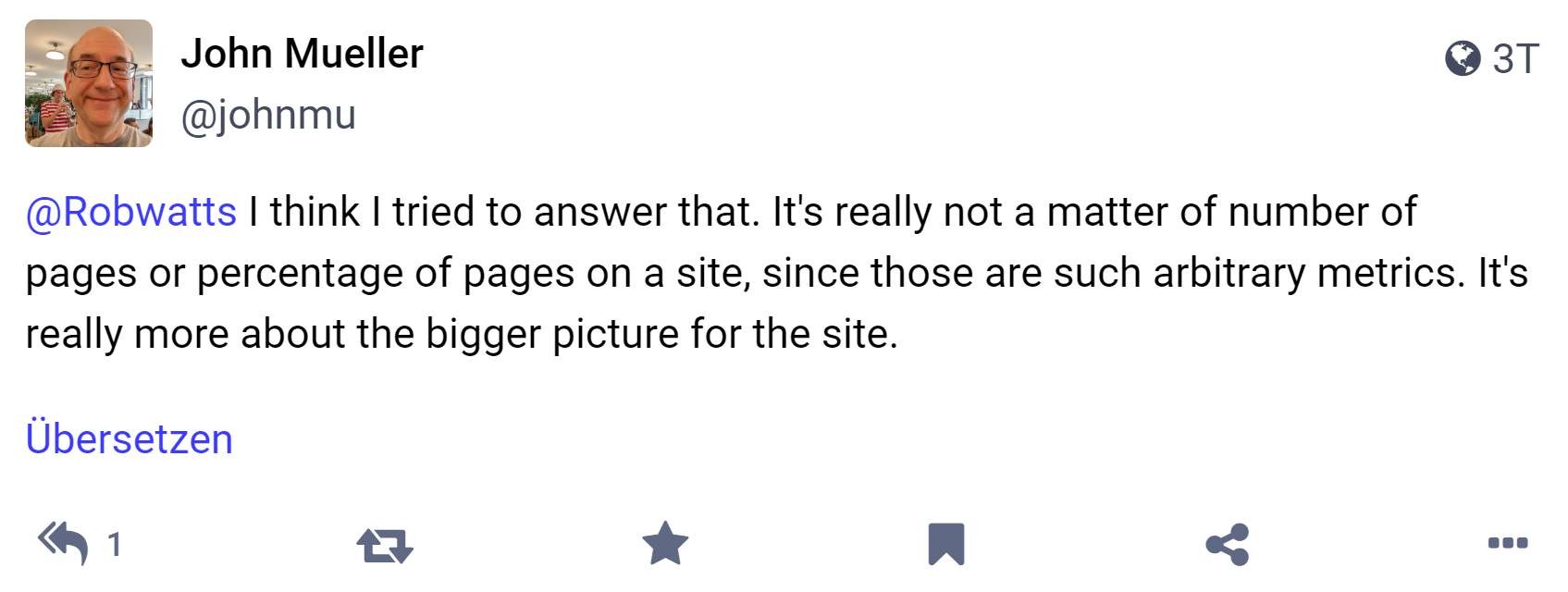 Google zur Qualität: Es kommt nicht auf die genaue Anzahl von Seiten oder auf deren Anteil an, sondern auf den Gesamteindruck