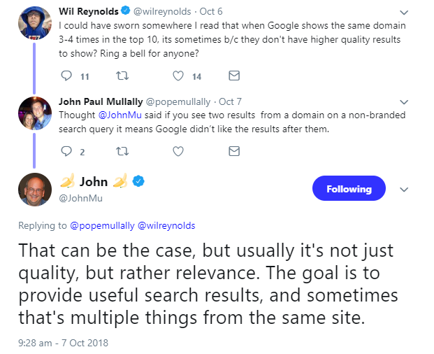 Google: Mehrere Suchergebnisse pro Domain vor allem aufgrund der Relevanz