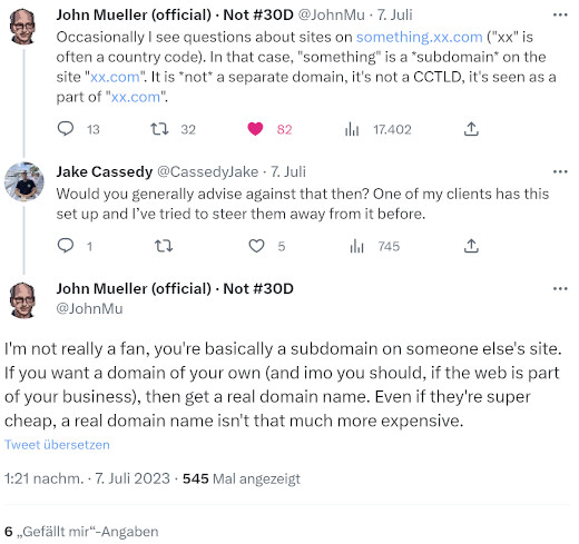 Google: John Müller rät dazu, eigene Domain für Website zu verwenden