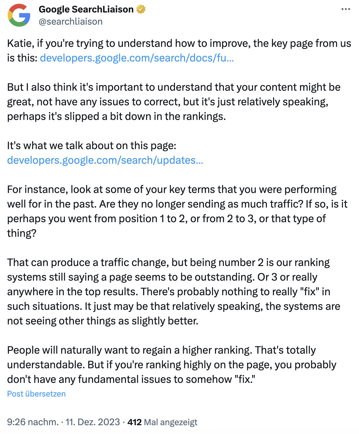 Google: Bei Ranking-Problemen gibt es nicht immer grundlegende Probleme zu lösen