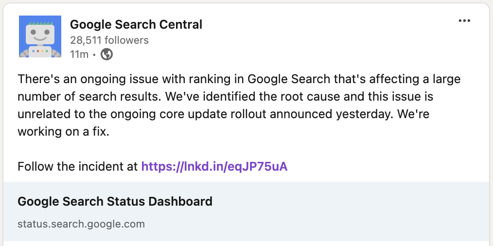 Google: Rankingprobleme am 16.08.