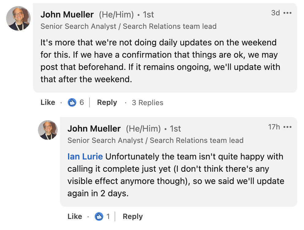 Google Rankingprobleme haben wohl keine sichtbaren Auswirkungen auf die Suche mehr - John Müller auf LinkedIn
