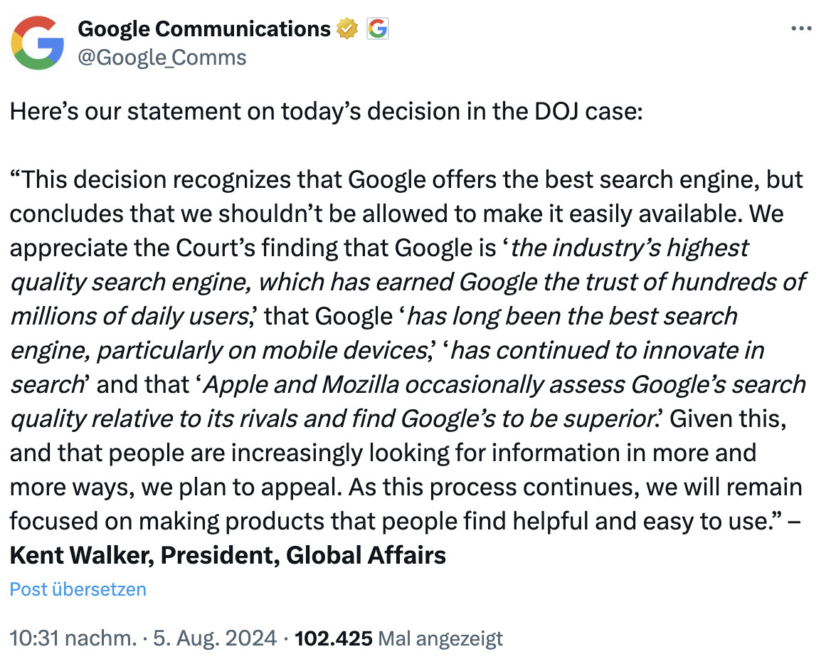 Google: Reaktion auf das Urteil in den USA