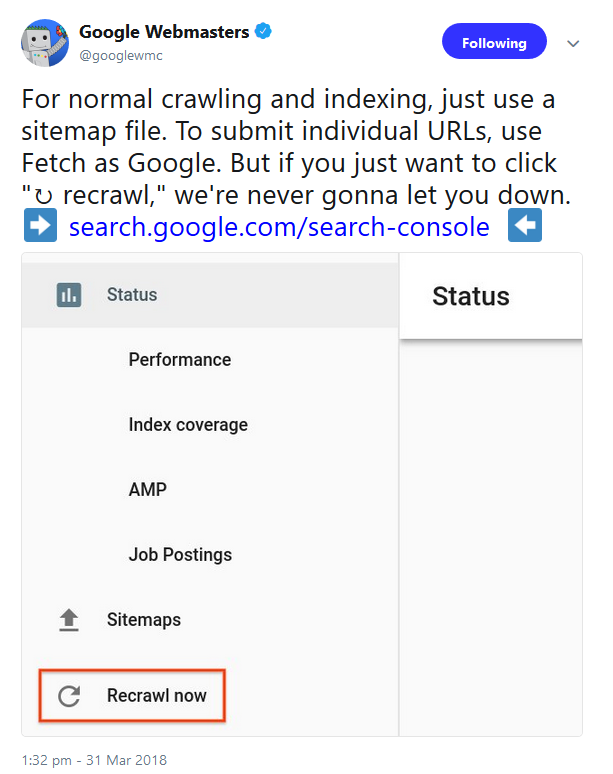 Google: 'Recrawl now'