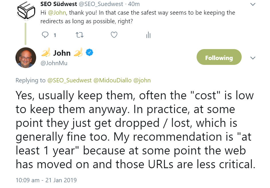 Google: Redirects so lange wie möglich beibehalten