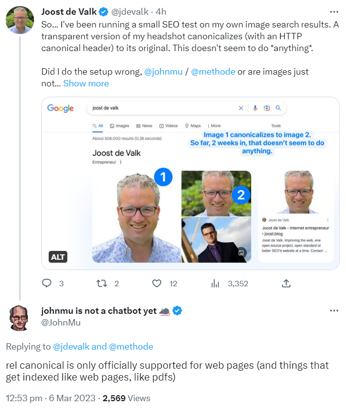 Google: Rel Canonical ist nur für Webseiten und ähnliche Dokumente gedacht, nicht aber für Bilder