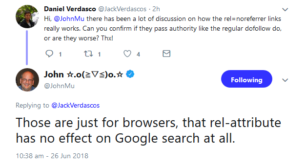 Google: Keine Auswirkungen durch 'noreferrer' auf die Suche