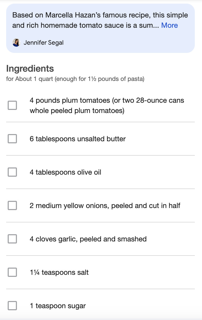 Zutaten und Rezept in der Google Suche: Quick view