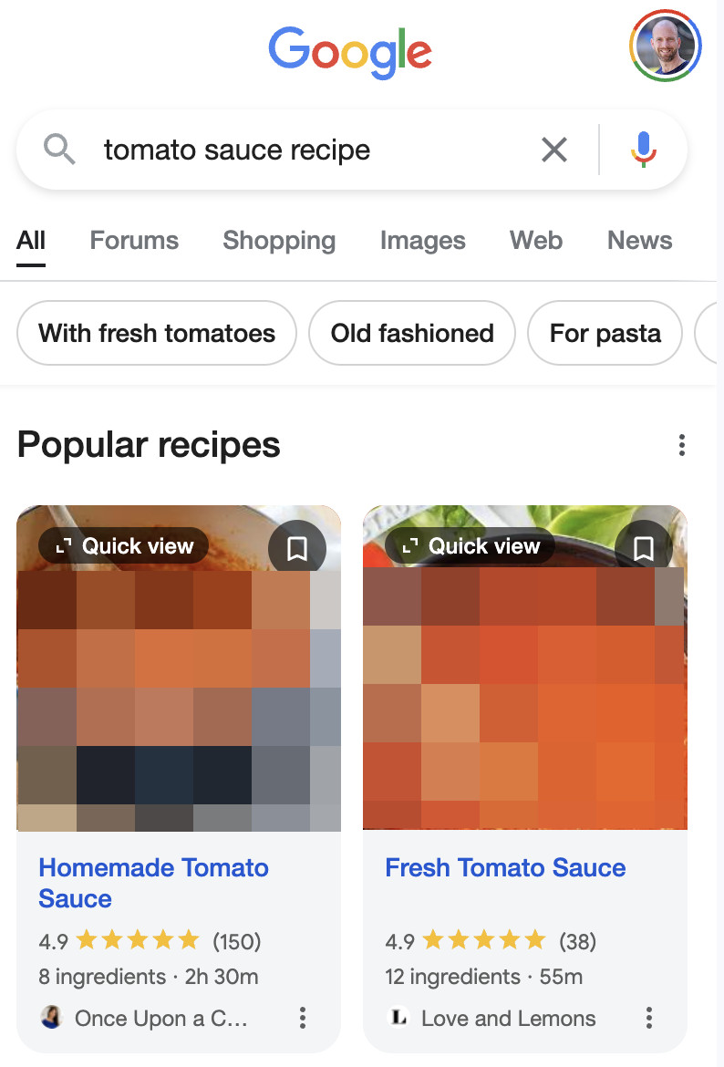 Google 'Quiock view' für Rezepte