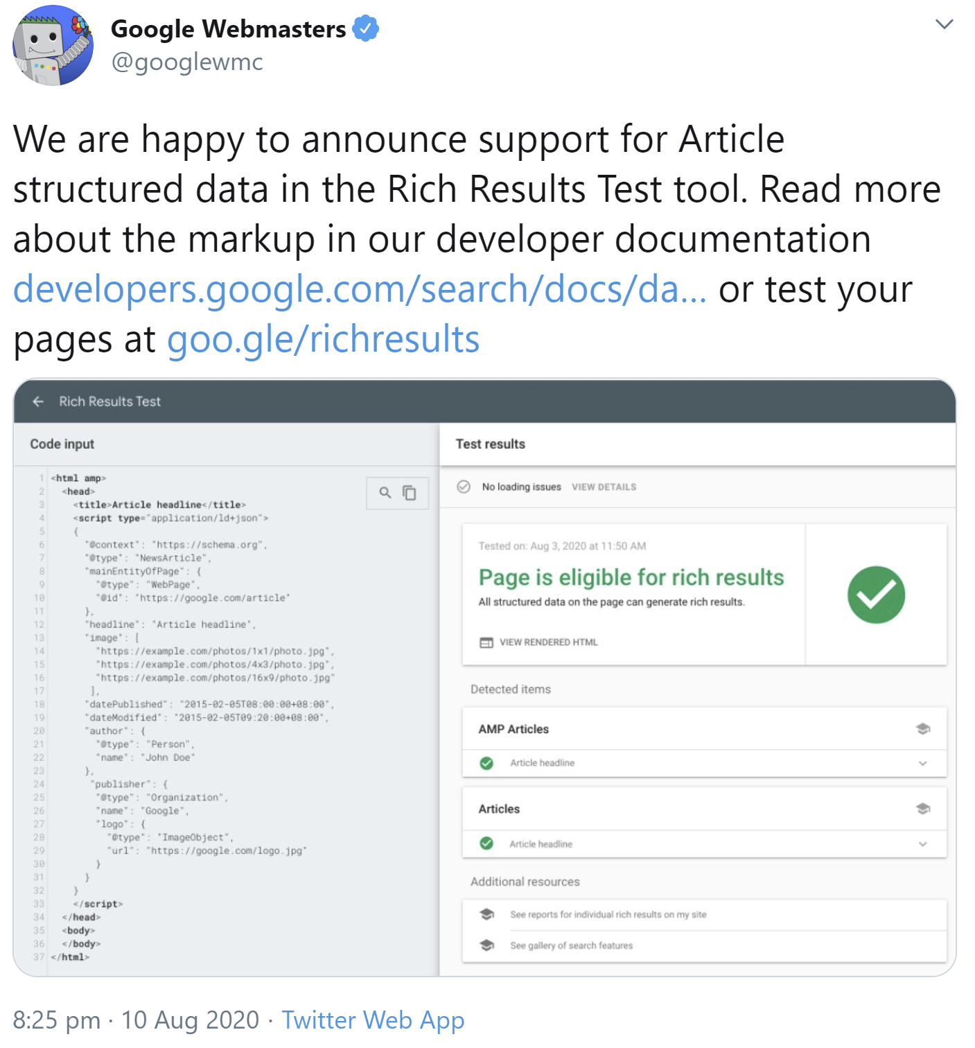 Google: Rich Results Test unterstützt jetzt auch Article Markup