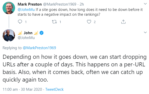 Google: Bei nicht verfügbarer Website können erste Seiten schon nach wenigen Tagen aus dem Index gelöscht werden