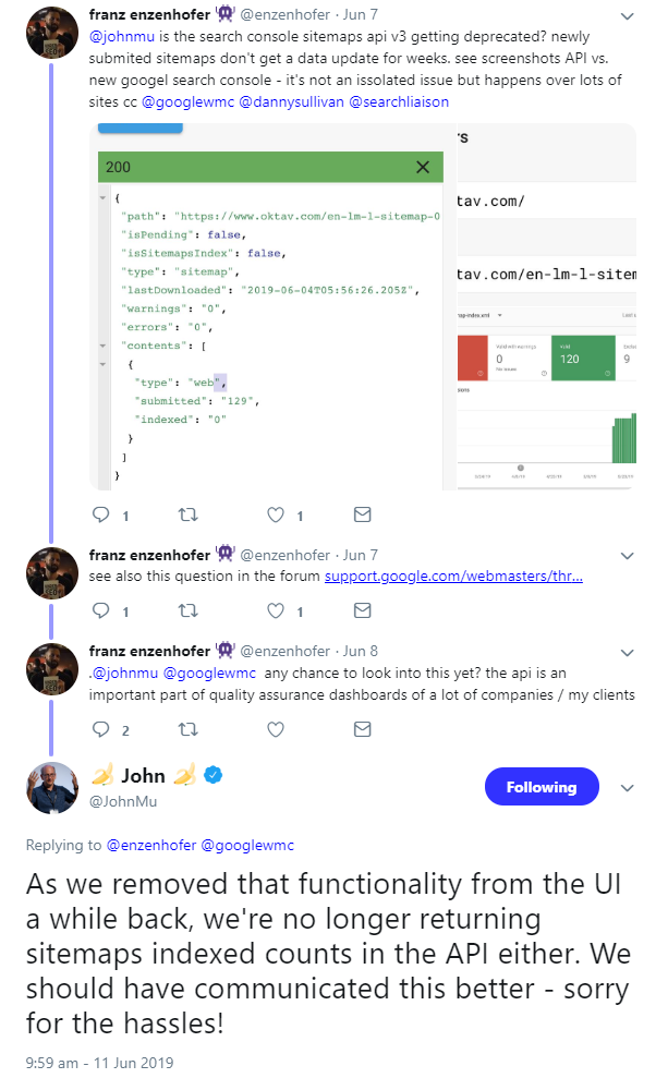 Google: kein Index Count für Sitemaps mehr per API