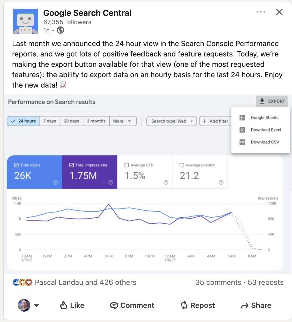 Google: Daten der letzten 24 Stunden im Leistungsbericht der GSC lassen sich jetzt exportieren