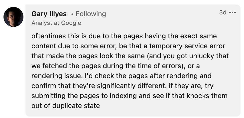 Gary Illyes auf LinkedIn: Was man unternehmen kann, wenn Google fälschlicherweise Seiten als Duplikat ausweist
