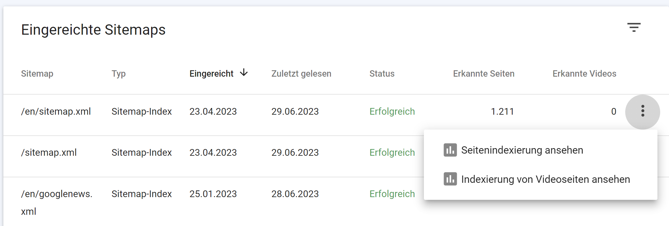 Google Search Console: Liste eingereichter Sitemaps