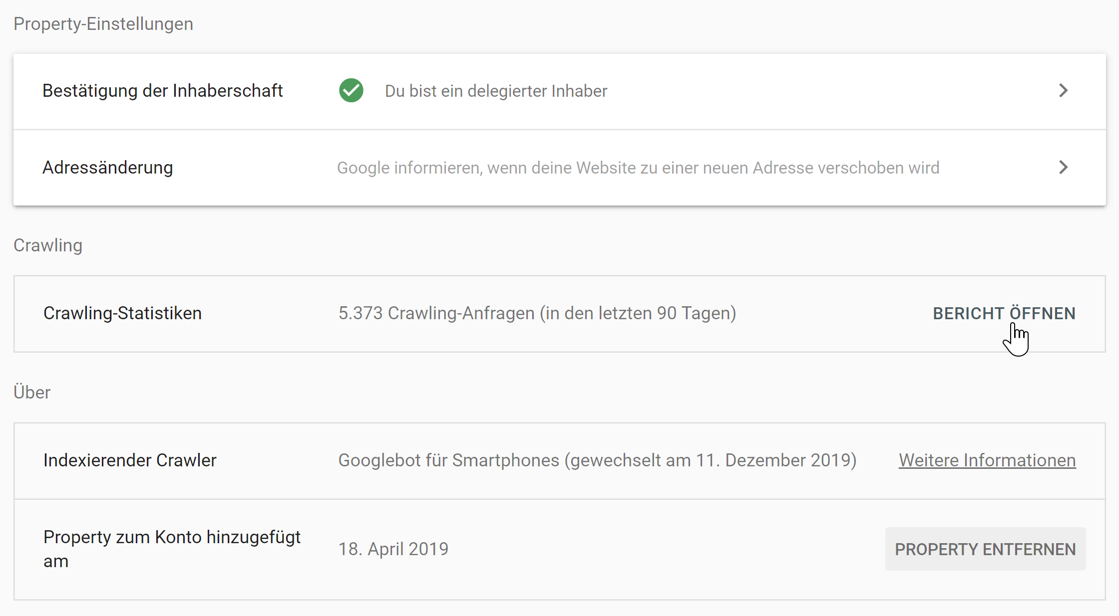 Google Search Console: Einstellungen mit Link auf die neuen Crawling-Statistiken