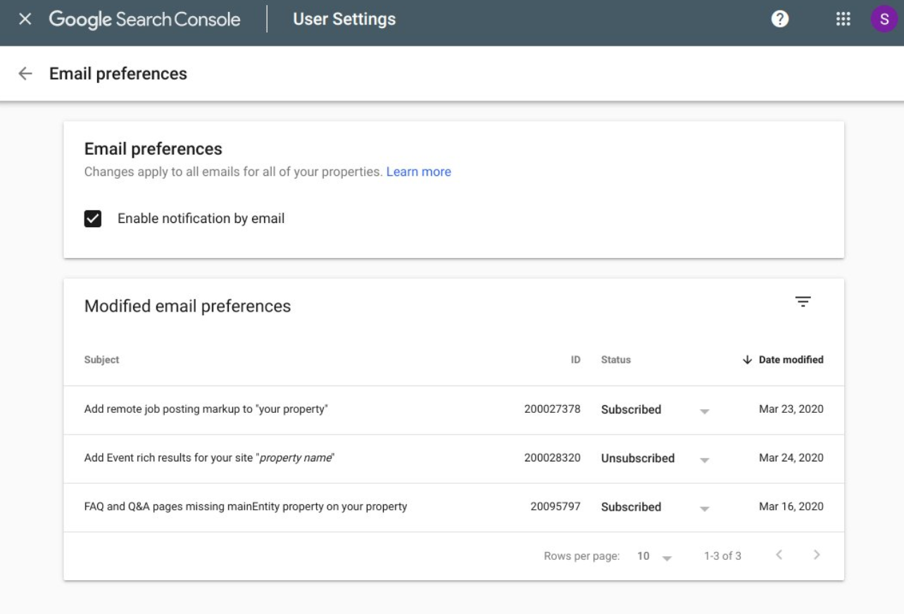 Google Search Console: Einstellungen zur Benachrichtigung per Mail