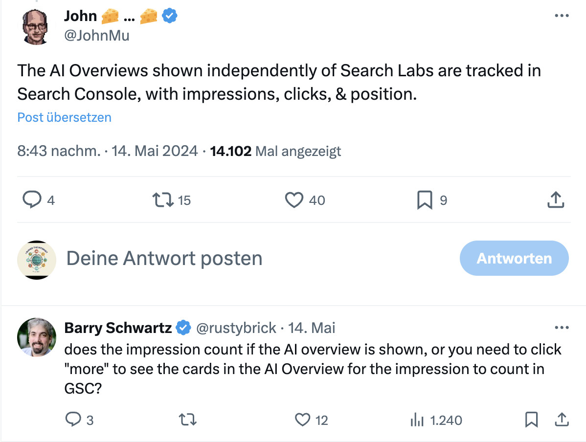Google Search Console: Klicks, Impressionen und AI Overviews werden gemessen - John Müller auf Twitter