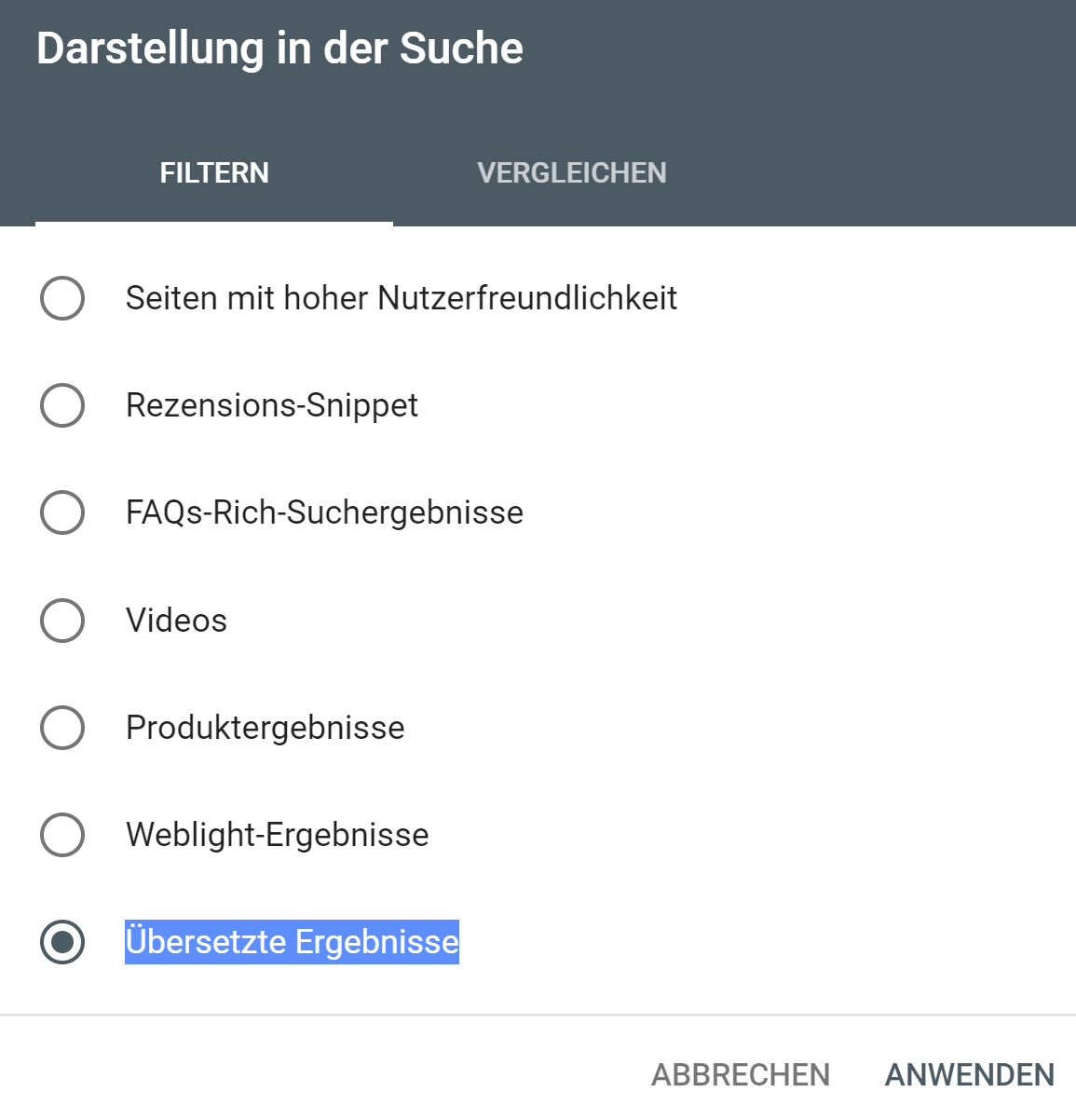 Google Search Console: neuer Filter für übersetzte Suchergebnisse