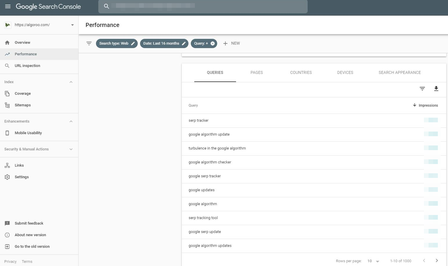 Google Search Console: So sieht es aus, wenn man die Keywords auf Begriffe filtert, die aus mehreren Wörtern bestehen