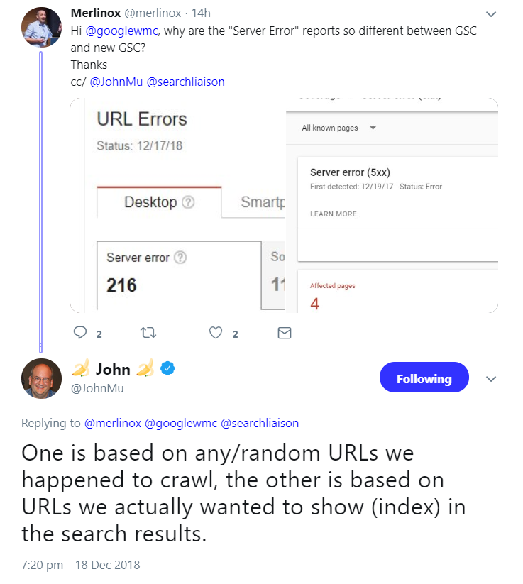 Google Search Console: unterschiedliche Mengenangaben zu Serverfehlern im alten und neuen Report