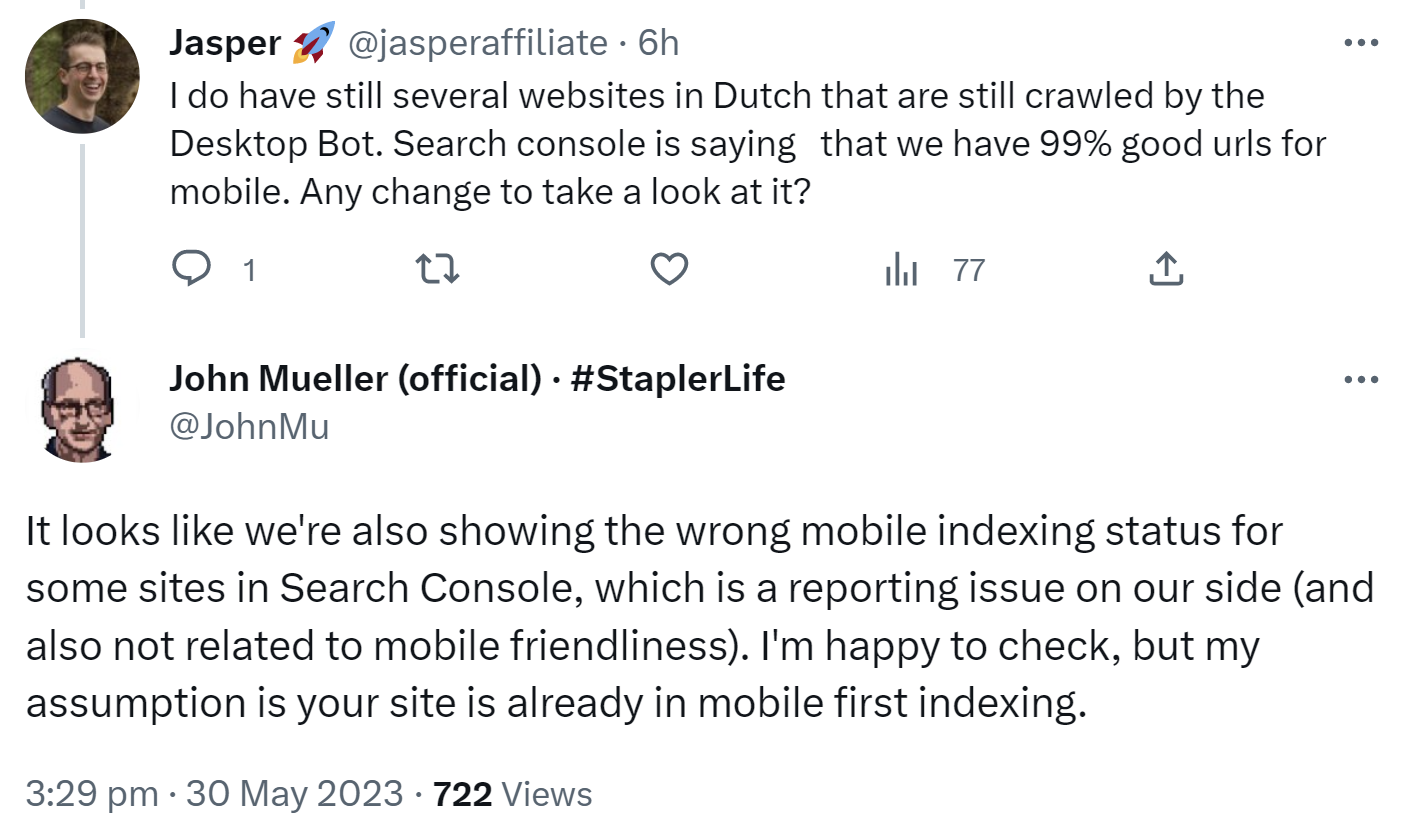 Google Search Console zeigt für manche Websites falschen Indexierungsstatus zu Mobile First an