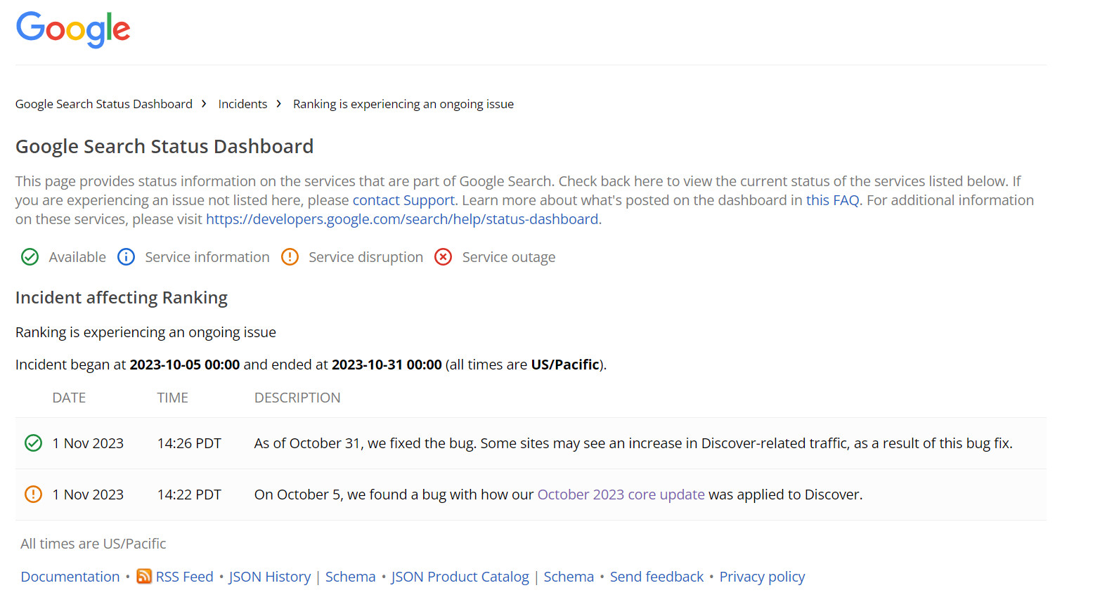 Google Search Status Dashboard vom 1.11.23
