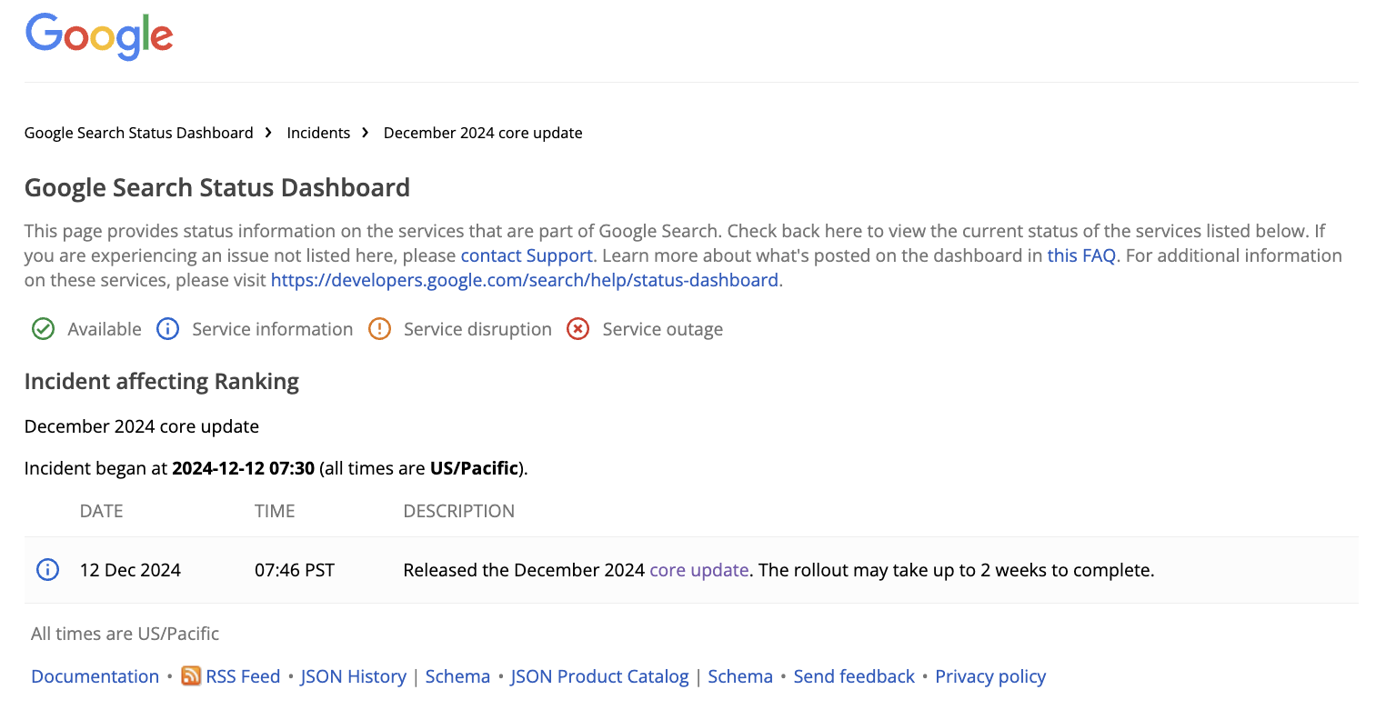 Google Search Status Dashboard Core Update Dezember 2024