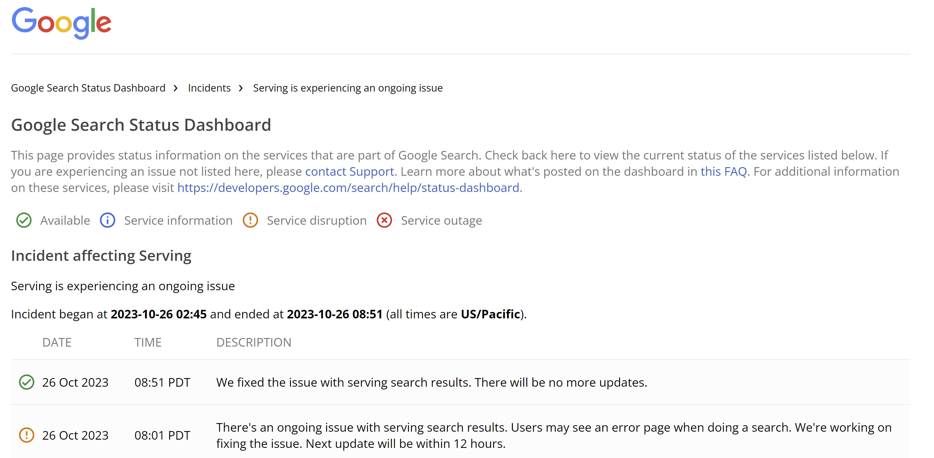 Google Search Status Serving Problems 26.10.23