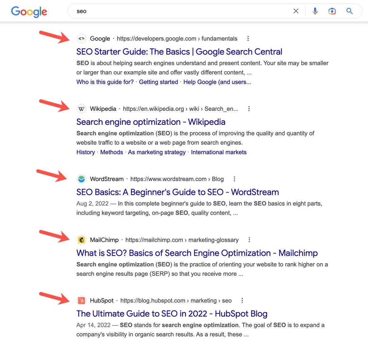 Google SERP Desktop mit Favicons und Website-Namen