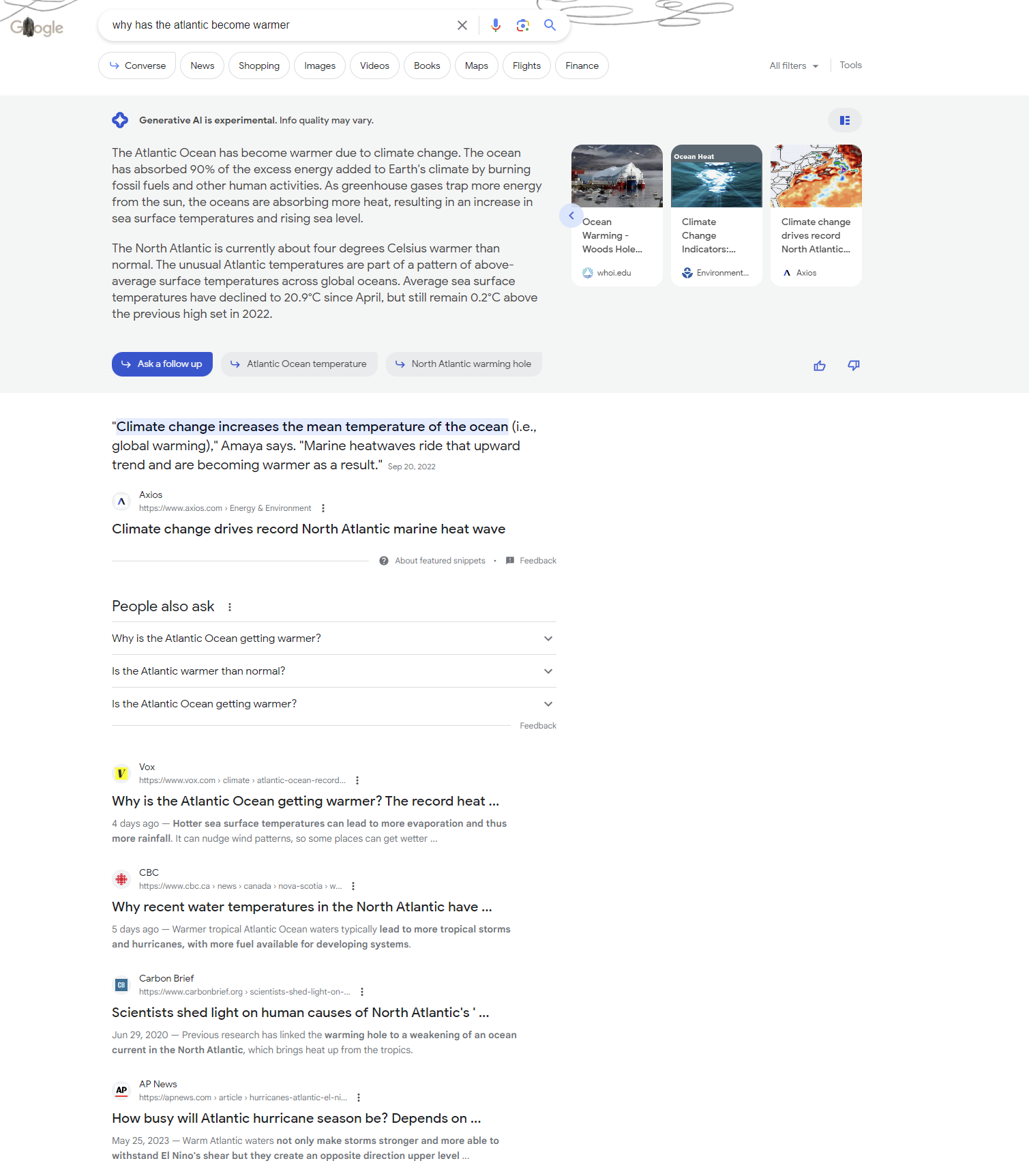 Google SGE: organische Suchergebnisse zu 'why has the atlantic become warmer'