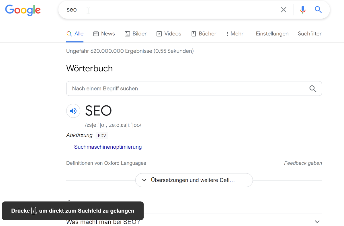 Google: Tastatur-Shortcut zum Bearbeiten der bestehenden Suchanfrage