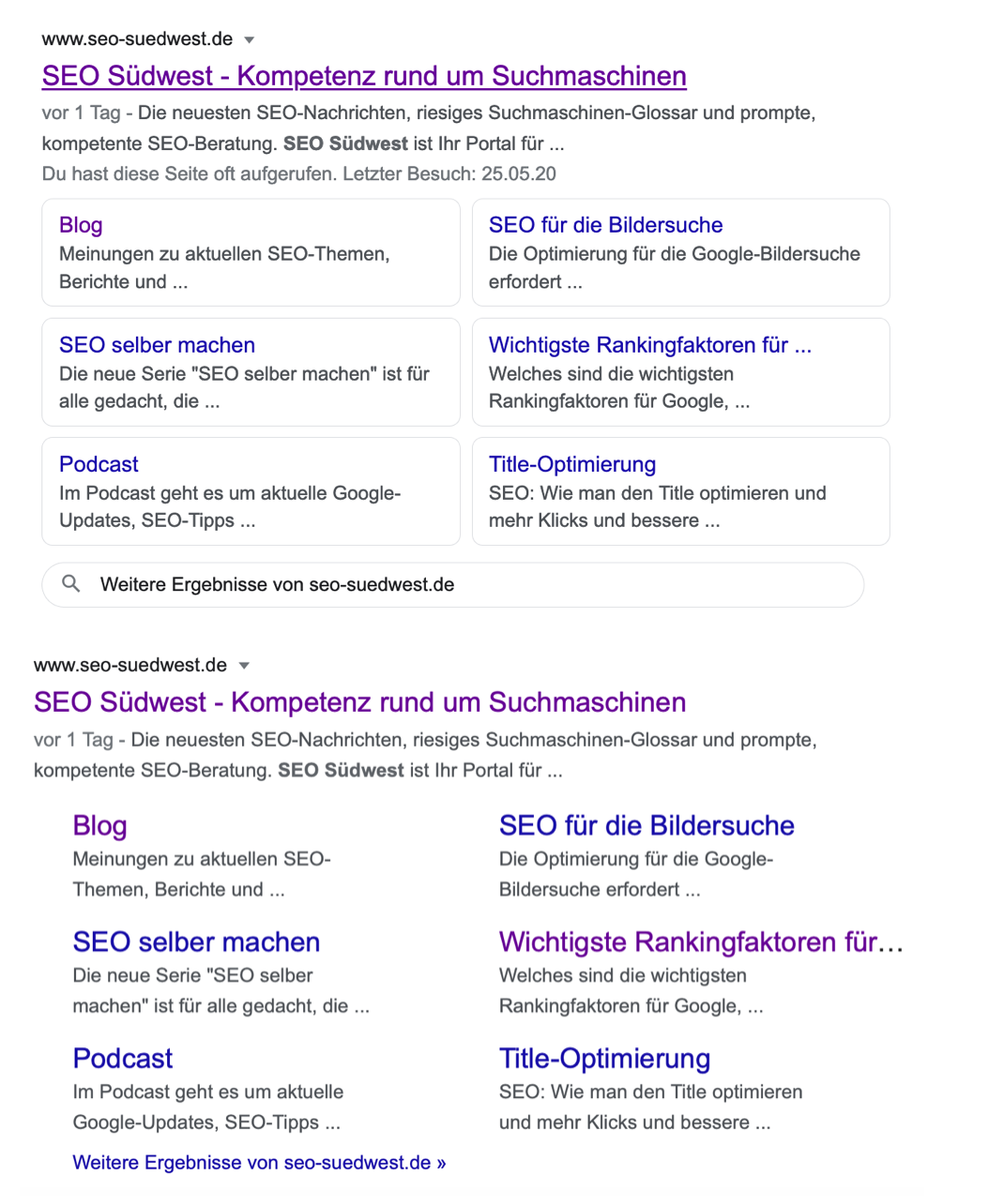 Google: Sitelinks mit und ohne Kasten