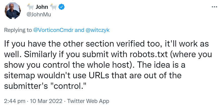 Google: Sitemap gilt auch für Bereiche, die man per Search Console verifiziert hat