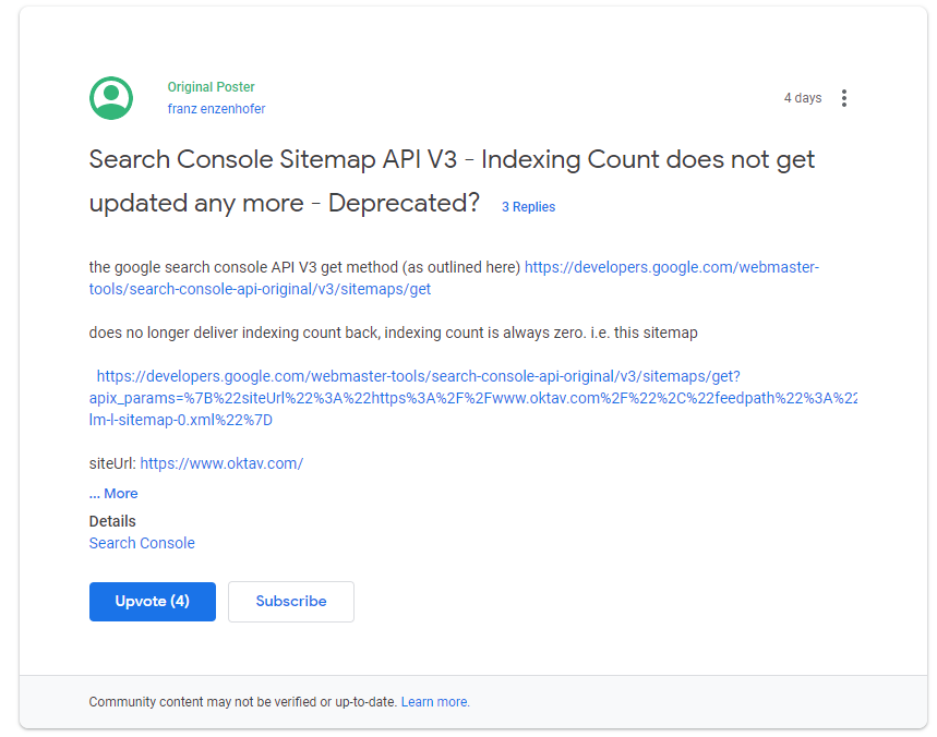 Google: kein Index Count für Sitemaps mehr per API
