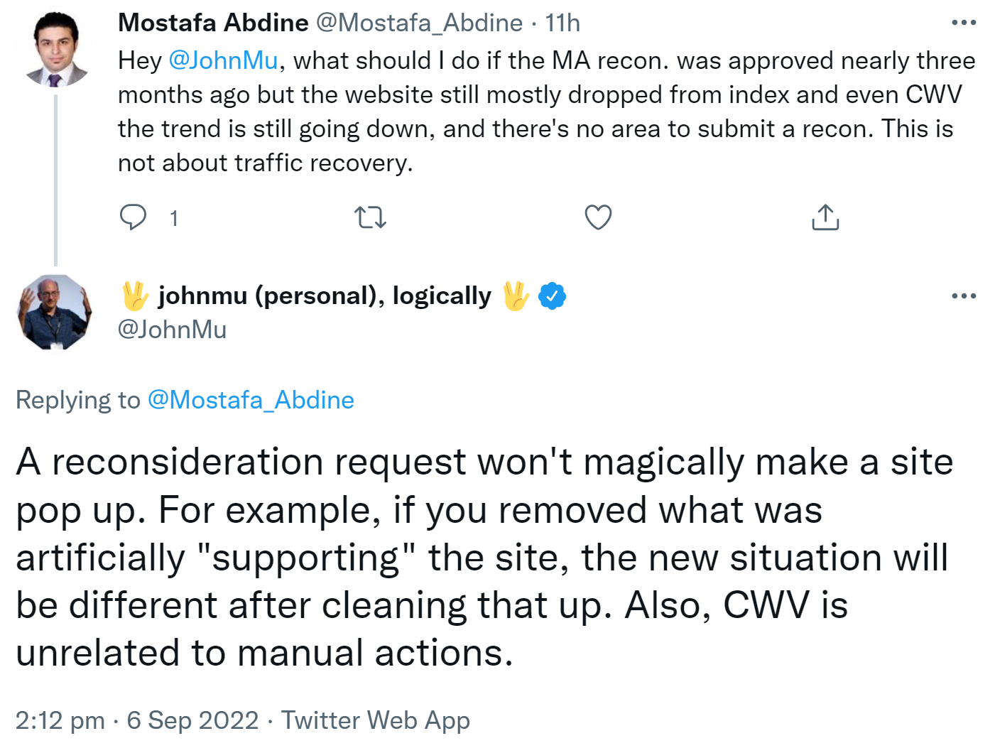 Google: Die Situation nach einer manuellen Maßnahme ist eine andere als zuvor