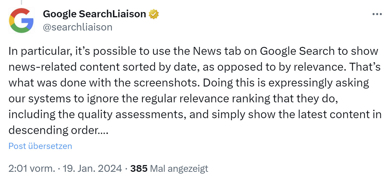 Google: Das Sortieren nach Datum hebelt die normale Relevanzbewertung aus