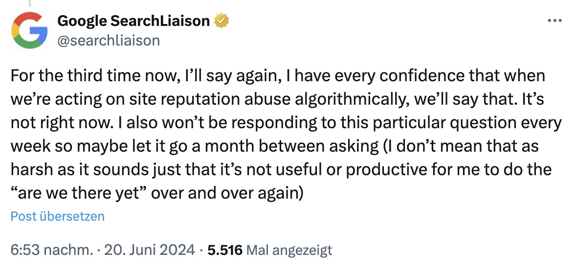 Google Spam Update vom Juni: algorithmische Maßnahmen gegen Site Reputation Abuse sind nicht Bestandteil