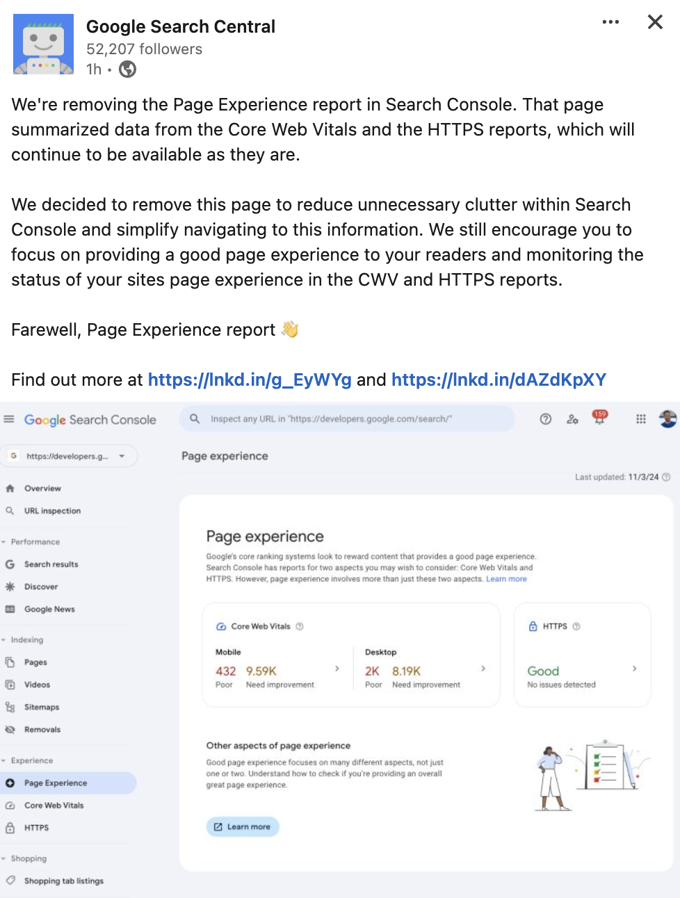 Google stellt den Page Experience Report ein