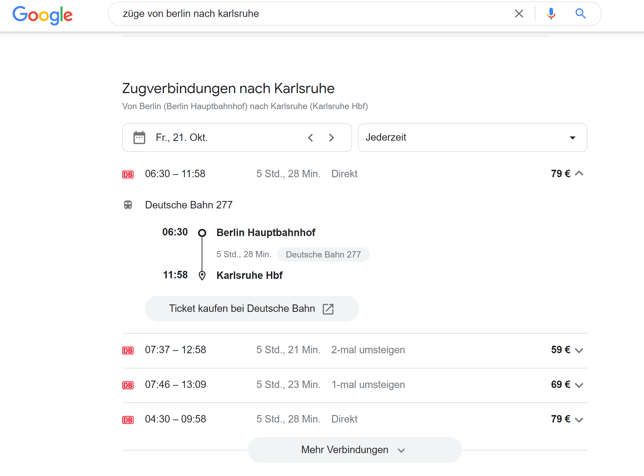 Google Suche nach Zugverbindungen