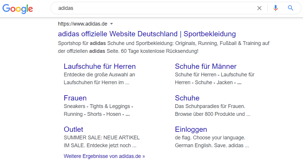 Google: Suchergebnisseite für die Suche nach 'adidas'