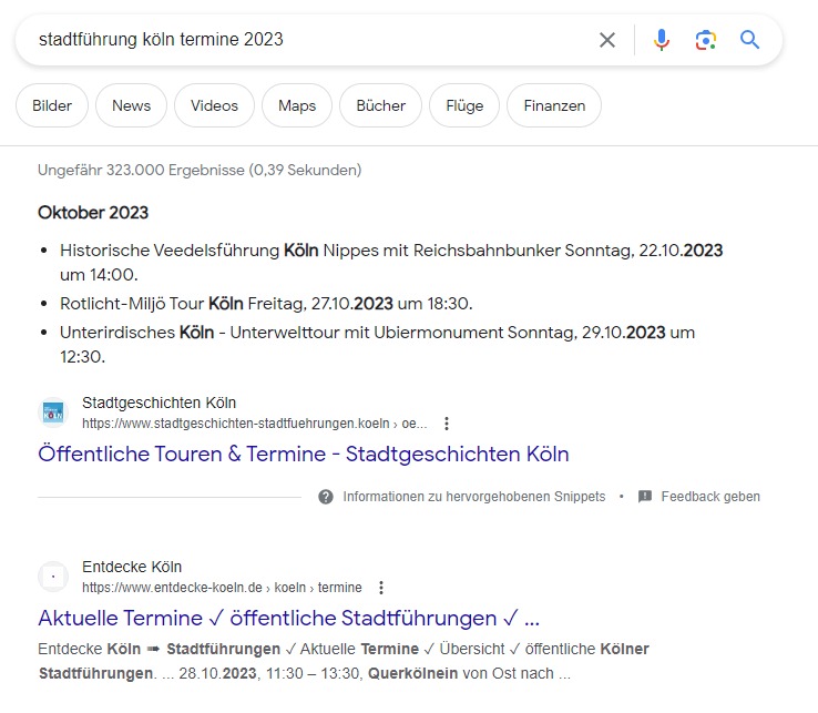 Google: Veranstaltungstermine im normalen Snippet-Text