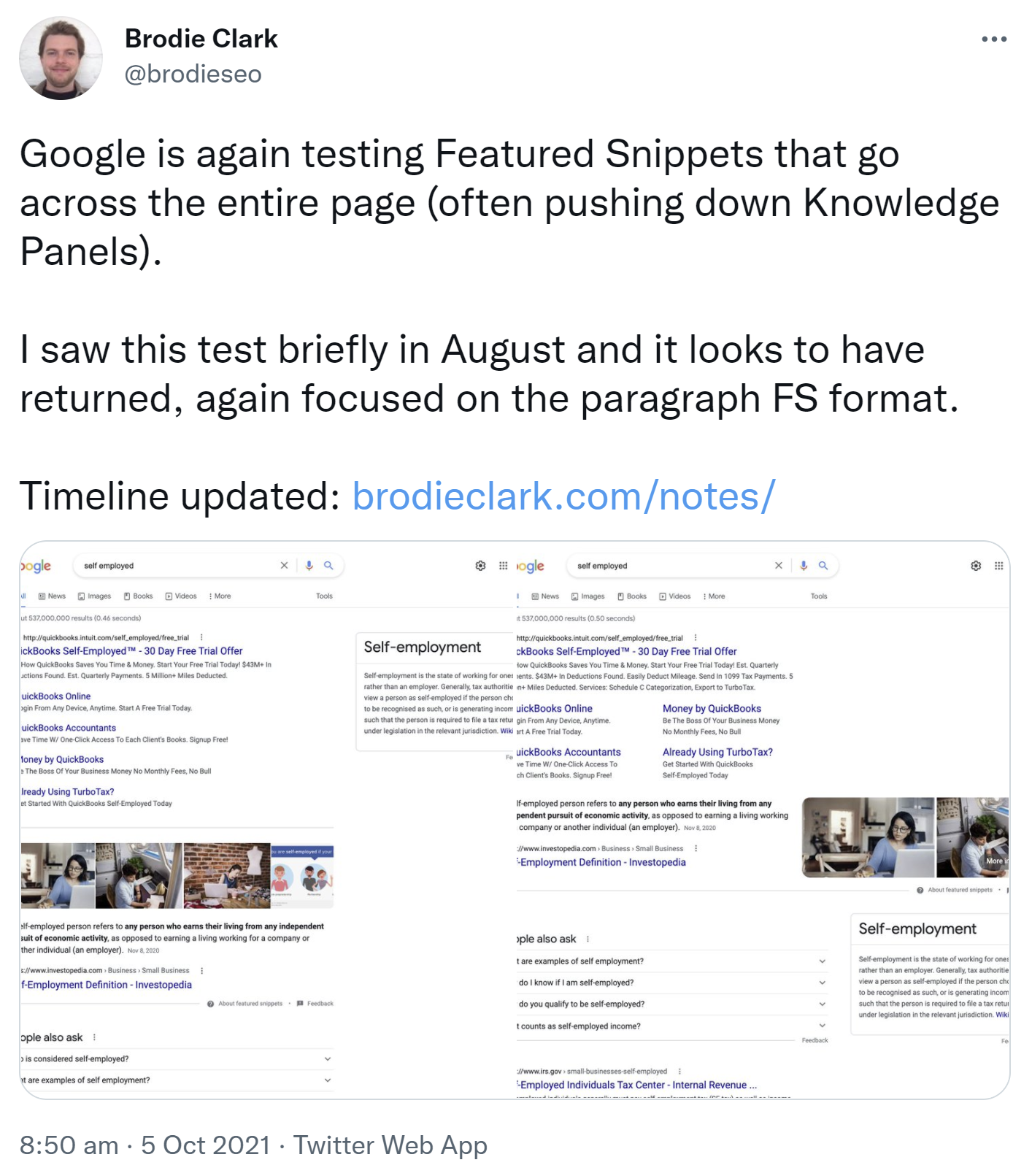 Brodie Clark: Google testet Featured Snippets über die komplette Seitenbreite