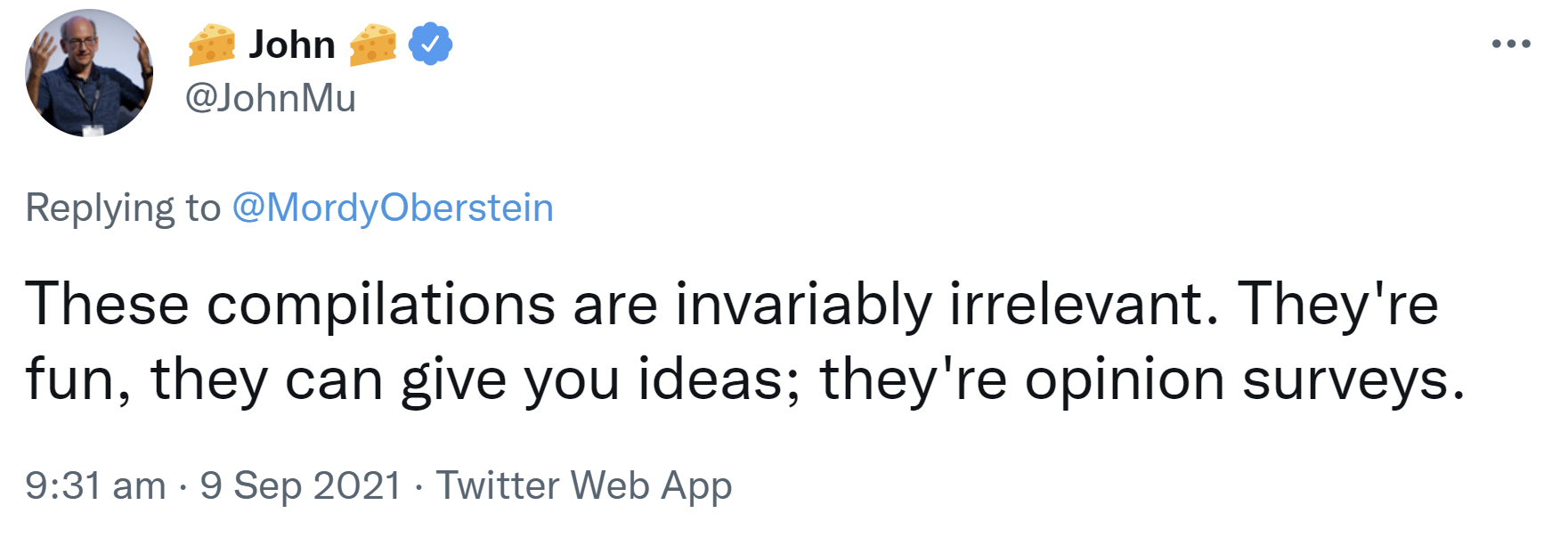 Google: Zusammenstellungen von Rankingfaktoren und deren Gewichtung, die auf Umfragen basieren, sind irrelevant