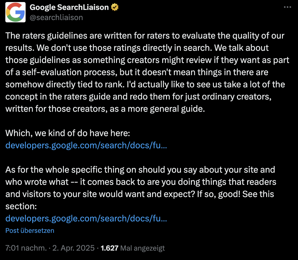 Google: Quality Rater Guidelines sind nicht direkt mit den Rankings verknüpft