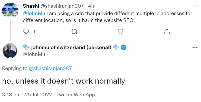Google: Unterschiedliche IP-Adressen für unterschiedliche Orte in einem CDN sind kein Problem