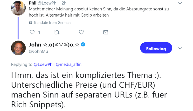 Google: Unterschiedliche Preise und Währungen rechtfertigen unterschiedliche URLs