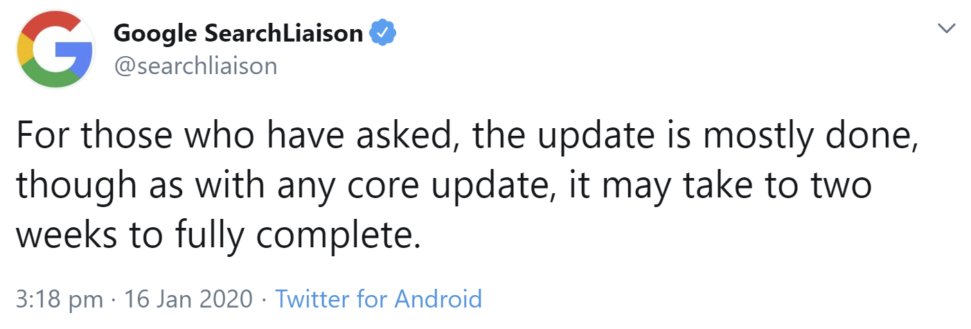 Google Core-Update vom Januar 2020 ist fast vollständig ausgerollt